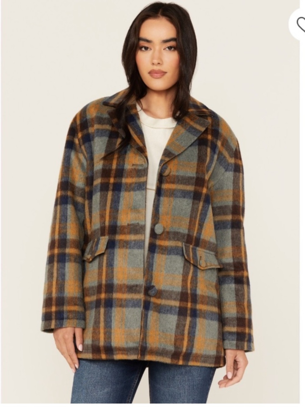 Cleo + Wolf • Plaid Wool-Blend Coatigan in Mustard & Brown & Navy